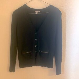 Halogen cardigan with front zipper pockets. 100% merino wool.